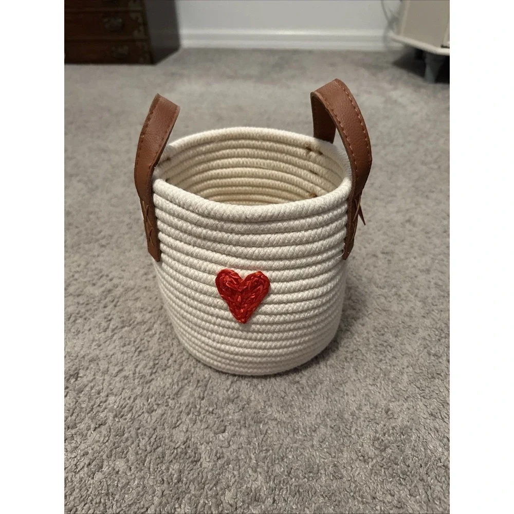 Peace Love World Woven Cream Small Basket Leather Handles Heart